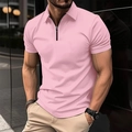 Detail shot of men's pink short-sleeve polo shirt with a stylish black zipper neckline - S / Tops / Pink