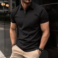 Slim fit black men's short sleeve polo shirt with modern zipper collar in urban setting - S / Tops / Black