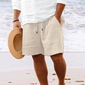 Detalle de pantalones cortos de lino beige para hombre con textura de rayas y cordón blanco - S / Bottoms / Rosa