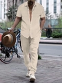Detail of men's casual beige ribbed short sleeve shirt and trousers set texture - S / Top And Bottom / Apricot