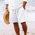 Men's white cotton linen beach shorts with vertical stripes and drawstring elastic waist - S / Bottoms / White