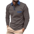 Polo da uomo slim a maniche lunghe grigia con colletto a contrasto blu e taschino - Taglia S / Grigio scuro