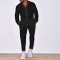 Conjunto informal de lino negro para hombre con camisa de manga larga y pantalón slim - S / Negro