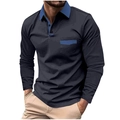 Dettaglio polo blu scuro a maniche lunghe con colletto a contrasto azzurro e taschino frontale - Taglia S / Blu navy