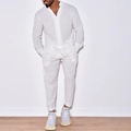 Conjunto de lino blanco para hombre con camisa de manga larga y pantalón, diseño de cuello mao - S / Blanco