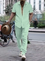 Men's mint green short sleeve shirt and trousers set with vertical stripe texture - Light Green