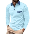 Sky blue long sleeve polo shirt for men with dark blue contrast collar and pocket detail - Sky Blue