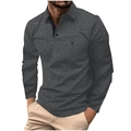 Detail of men's long sleeve polo shirt with textured grid pattern and buttoned chest pocket - S / Dark Gray