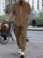 Men's vertical ribbed texture short sleeve shirt and long pants set in street setting - XL / Top And Bottom / Coffee