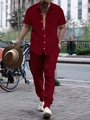 Burgundy short sleeve shirt and trousers set with vertical texture on city street - Burgundy