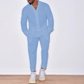 Detalle de conjunto de lino azul claro para hombre con camisa de cuello mao y pantalón casual - S / Azul Cielo