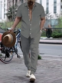 Detail of gray ribbed texture fabric on men's casual short sleeve shirt and pants set - Gray
