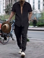 Men's casual black two-piece set featuring short sleeve shirt and long pants in street style - Black