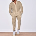 Detalle de conjunto de lino caqui para hombre con cuello levantado y corte casual recto - S / Caqui