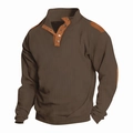 Men's brown waffle knit polo shirt with leather patchwork and snap buttons - Coffee