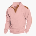 Pink waffle knit men's long sleeve polo shirt with brown patches and metal buttons - Pink