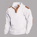 Detail of waffle knit fabric and brown leather-like patches on white Henley polo shirt - White