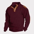 Detail of waffle knit fabric and contrast elbow patches on burgundy men's henley polo - S / Tops / Dark Red
