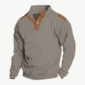 Close-up of grey waffle knit polo shirt showing Henley collar and brown shoulder panels - S / Tops / Gray