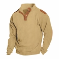 Detail of khaki Henley polo shirt showing knitted texture and brown button placket - S / Tops / Dark Khaki