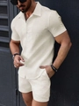 Herren Sommer Freizeit-Set aus Hemd und Shorts in cremefarbenem Strukturstoff - S / Gebrochenes Weiß