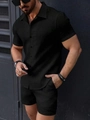 Schwarzes Herren-Freizeitset mit strukturiertem Kurzarmhemd und passenden Shorts für Sommer - S / Schwarz