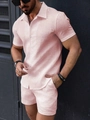 Men's pink waffle knit short sleeve shirt and shorts set shown in a stylish side view - S / Pink