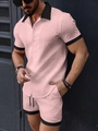 Detailed texture of men's summer short sleeve shirt with black collar contrast - S / Pink