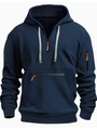 Detail des marineblauen Hoodies mit Brust-Reißverschlusstasche und orangefarbenem Akzent - S / Marineblau