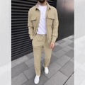 Detail of men's beige corduroy two-piece set with long-sleeve shirt and drawstring pants - Khaki