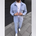 Men's light blue corduroy two-piece set featuring long sleeve shirt and matching pants - Lavender