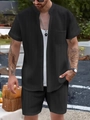 Détails de l'ensemble chemise col Henley noire à manches courtes et texture tissée - S / Noir