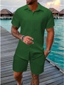 Close-up of deep green waffle knit texture on men's casual summer short set - S / Dark Green