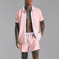 Men's pink waffle knit short sleeve shirt and shorts set with white contrast trim - S / Pink