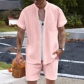 Men's summer casual waffle knit short sleeve shirt and shorts beach set in light pink - S / Pink