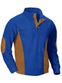 Detalle de sudadera de pana azul oscuro con paneles marrones y botones a presión de metal - Azul