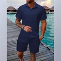Ensemble d'été bleu marine pour homme avec chemise à manches courtes et short en jacquard - S / Bleu marine