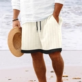 Summer men waffle knit shorts with striped patchwork and drawstring on a beach - M / Apricot