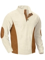 Detail of ribbed corduroy texture and brown suede elbow patches on men's sweatshirt - S / Tops / Apricot