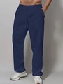 Close-up of men's navy blue cotton drawstring pants with side pockets and straight cut - S / Navy Blue
