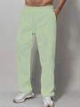 Men's sage green straight-leg cotton linen trousers with adjustable drawstring waist - S / Light Green