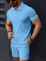 Détail de l'ensemble polo et short bleu clair pour hommes avec texture gaufrée fine - S / 华夫格POLO衫短裤(天蓝色) / Bleu ciel