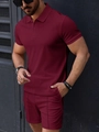 Ensemble d'été pour hommes avec polo et short décontracté en tissu texturé bordeaux - S / 华夫格POLO衫短裤(酒红色) / Bordeaux