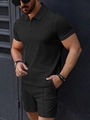 Ensemble d'été 2 pièces pour homme avec polo et short noir en maille gaufrée - S / 华夫格POLO衫短裤(黑色) / Noir