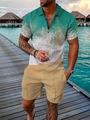 Men's summer 2-piece set with green gradient knit polo shirt and casual shorts - S / Top And Bottom / Khaki