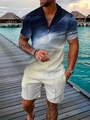 Men's 2025 summer set with blue gradient geometric 3D print polo and shorts - S / Top And Bottom / White