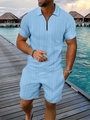 Dettaglio completo polo azzurra da uomo con maglia testurizzata e zip in metallo - S / Blu