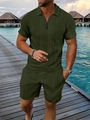 Detail of dark green polo and shorts set with textured diamond knit pattern fabric - S / Top And Bottom / Army Green