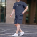 Heren zomer vrijetijdsset met cargo-zakken t-shirt en korte broek met trekkoord blauw - S / Boven En Onder / Grijs