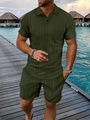 Detail of olive green men's knit polo set with vertical texture on seaside boardwalk - S / Army Green